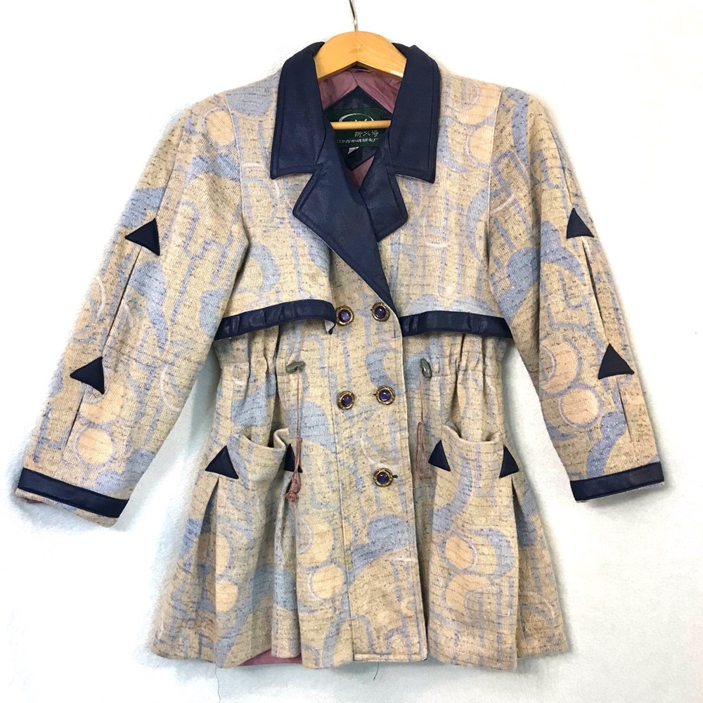 Vintage unique knit and leather collar pleated jacket adjustable waist Sibider